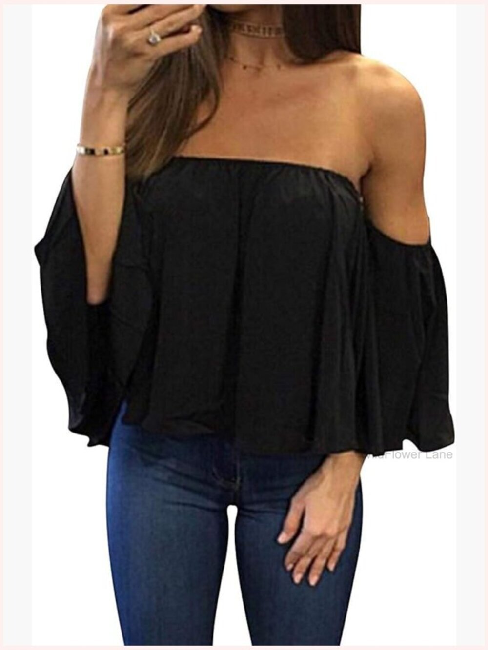 Off Shoulder Chiffon Blouse with Ruffles Short Sleeve Tops